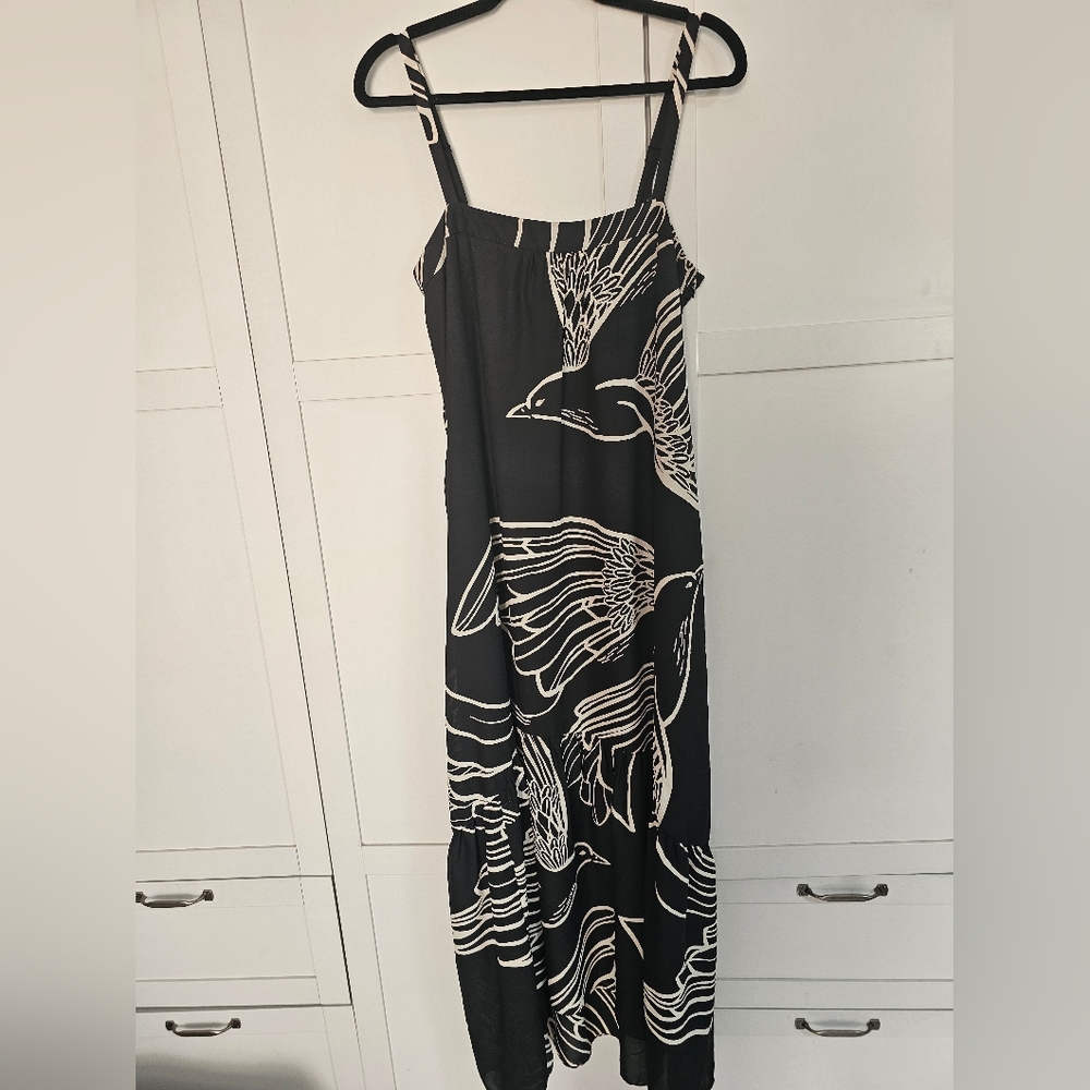 Vanessa Virginia Anthropologie Oiseau Bird Print Maxi Black Beige Sz 8 Nwot